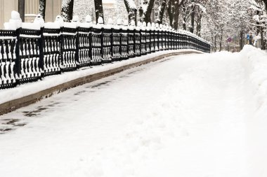 Minsk 'in merkezinde karla kaplı bir park. Beyaz Rusya.