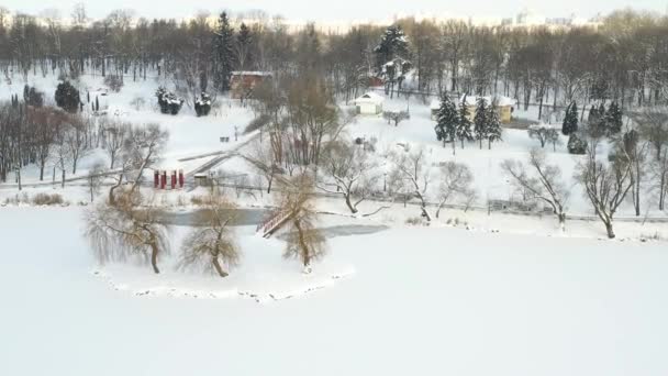 LAn island on a lake with a bridge in the winter Loshitsky Park.Minsk, Belarus — Stock Video