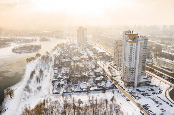 Winter river Svisloch in the center of Minsk. Belarus.