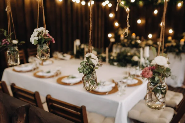 Décoration Table Mariage Avec Des Fleurs Sur Table Dans Château — Photo