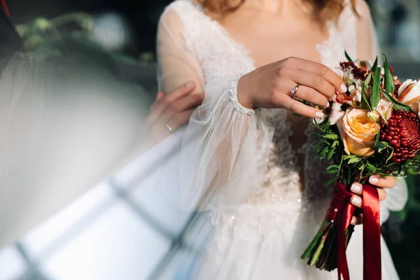 Bouquet Mariage Dans Les Mains Mariée Décor Mariage — Photo