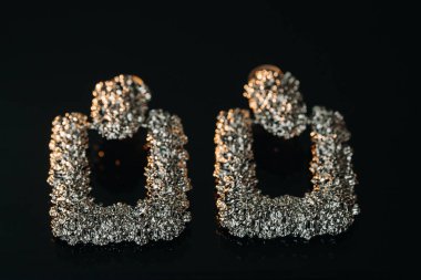 Gelin için aksesuarlar. Peçedeki küpeler. Beyaz alyanslar. Metin ve reklamlar için boşluk