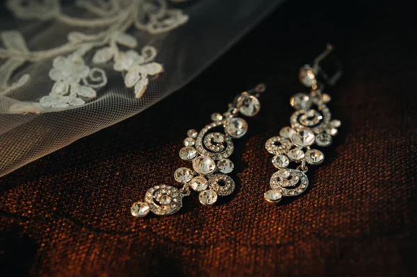 Accessoires Pour Mariée Boucles Oreilles Sur Voile Boucles Oreilles Mariage — Photo