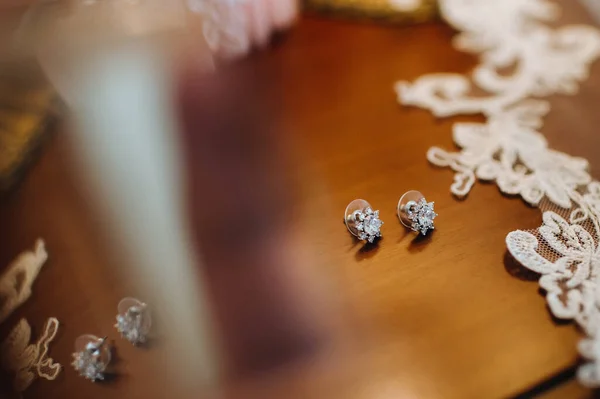 Αξεσουάρ Για Νύφη Σκουλαρίκια Στο Πέπλο Λευκά Σκουλαρίκια Γάμου — Φωτογραφία Αρχείου