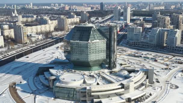 Górny Widok Biblioteki Narodowej Mińsku Zimą Białoruś Budynek Publiczny — Wideo stockowe