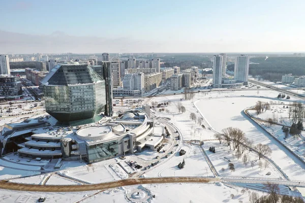 Vista Dall Alto Della Biblioteca Nazionale Minsk Inverno Bielorussia Edificio — Foto Stock