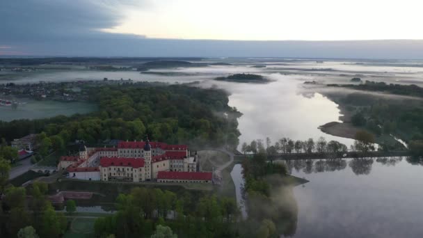 Foggy Dawn vicino al Castello di Nesvizh. Nesvizh. Un vecchio castello. Bielorussia — Video Stock