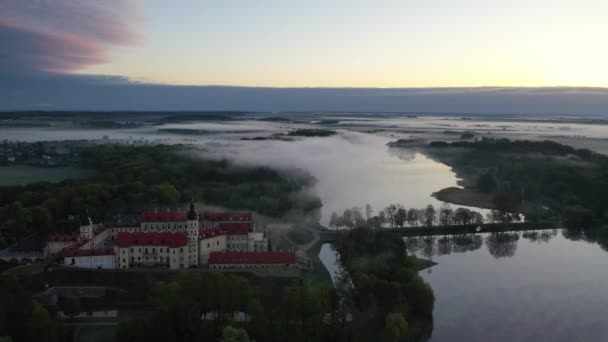 Foggy Dawn vicino al Castello di Nesvizh. Nesvizh. Un vecchio castello. Bielorussia — Video Stock