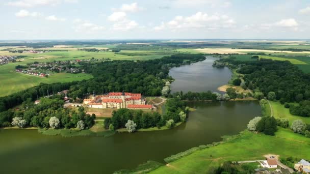 Volando sobre el castillo de Nesvizh, el parque alrededor del castillo y el lago, video aéreo de Nesvizh — Vídeos de Stock