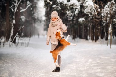 Kış günü evcil köpeği köpeğiyle kış ormanında oynayan bir kadın..
