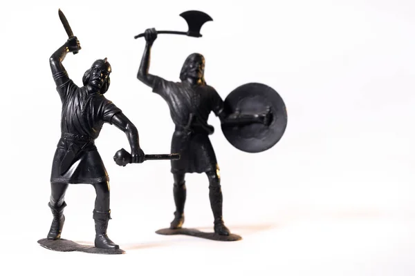 Vintage Speelgoed Zwart Viking Soldaten Geïsoleerd Witte Achtergrond — Stockfoto
