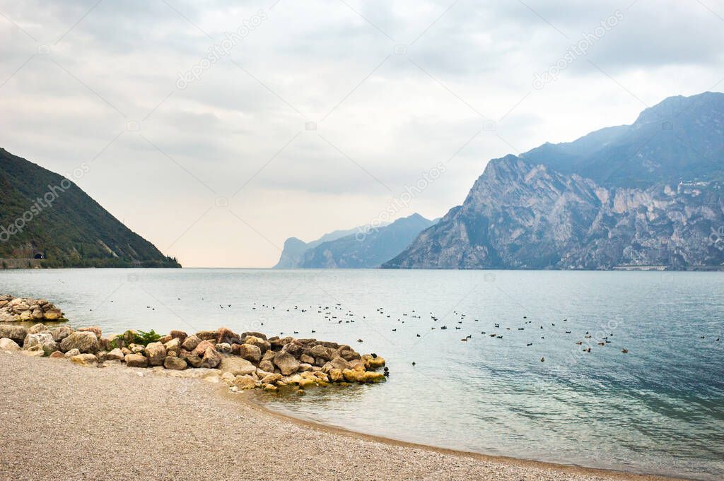 Top view of Lake Lago di Garda b alpine scenery. Italy.