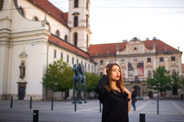 Stylish Young Girl Black Dress Street City Brno Morning Czech — Stock Photo, Image