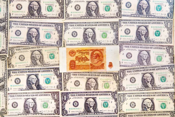 Vista Superior Los Billetes Dólar Rublos Unión Soviética Hecha Como —  Fotos de Stock