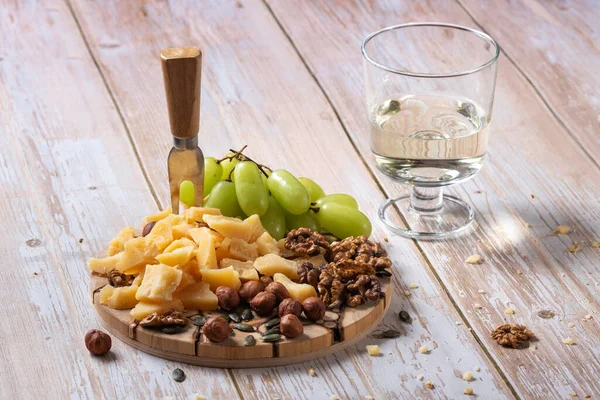 Cheese Plate Variety Snacks Wooden Table Glass Wine — Stock Photo, Image