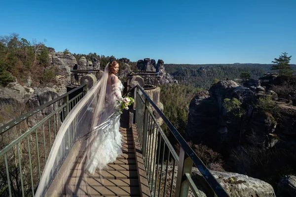 Une Mariée Robe Blanche Avec Bouquet Fleurs Sur Fond Des — Photo