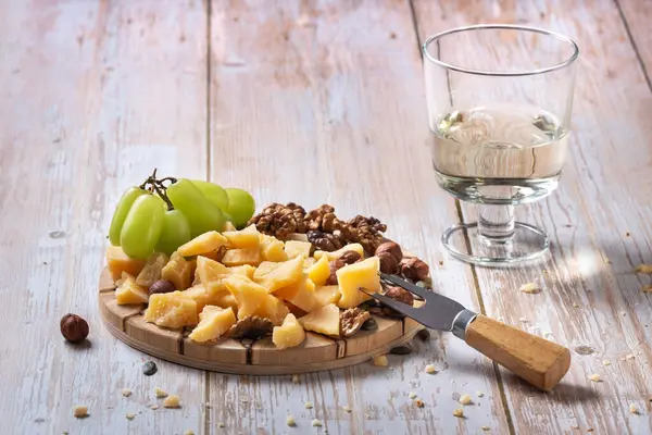Cheese Plate Variety Snacks Wooden Table Glass Wine — Stock Photo, Image