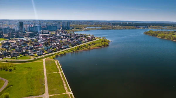 Aerial view of the private sector in Drozdy and the Drozdy reservoir in Minsk.Belarus.