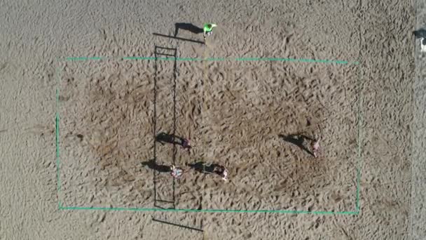 Vista superior de un grupo de amigos jugando voleibol de playa en la playa — Vídeos de Stock