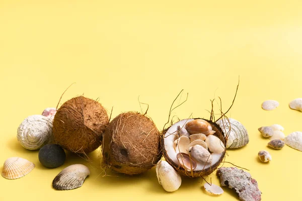 Noix Coco Coquillages Sur Fond Jaune Thème Marin — Photo