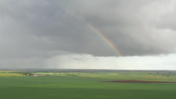 Верхний Вид Посевного Поля Дороги После Дождя Радугой Беларусь Сельское — стоковое видео
