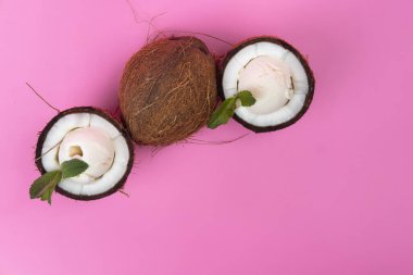 Pembe arka planda nane yapraklarıyla süslenmiş taze hindistan cevizli vanilyalı dondurma topları..