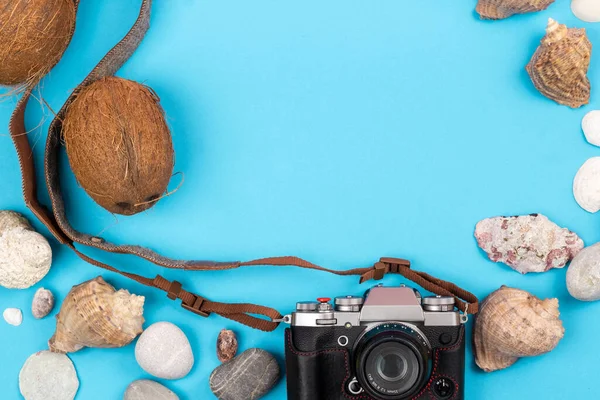 Cámara Cocos Conchas Sobre Fondo Azul Fondo Para Viajero —  Fotos de Stock