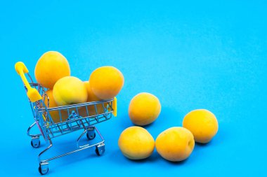 Mavi arka planda kayısısı olan bir alışveriş sepeti..