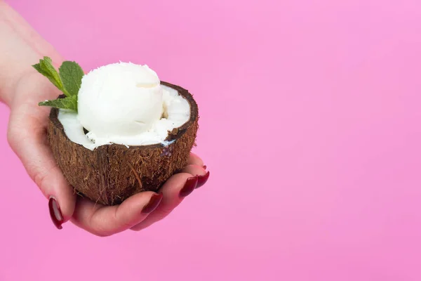 Bolas Helado Vainilla Una Mitad Coco Fresco Decorado Con Hojas —  Fotos de Stock