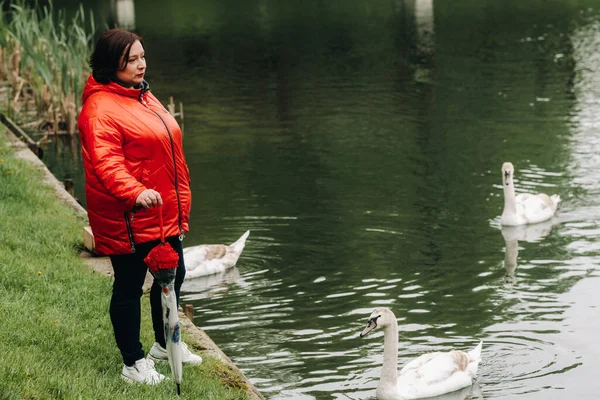 Stock image a woman in a red jacket and carrying an umbrella walks through a summer park near a lake with swans.