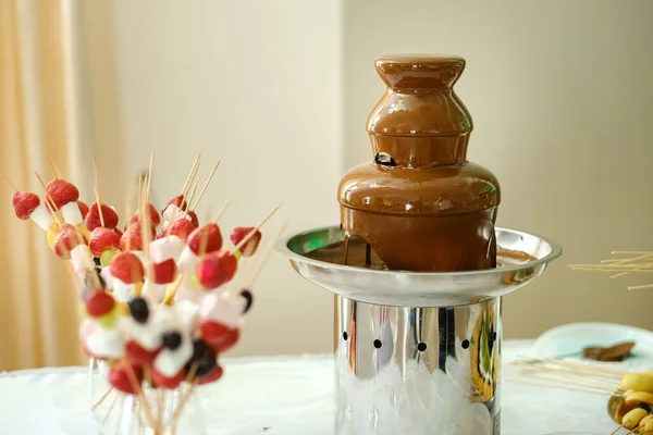 Fondue Mit Schokobrunnen Und Süßigkeiten Für Sie Süßes Thema — Stockfoto