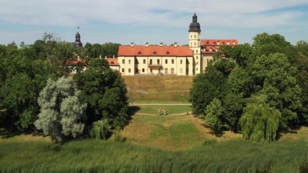 Vista superior del castillo de Nesvizh y el parque en un día de verano.Bielorrusia — Vídeos de Stock