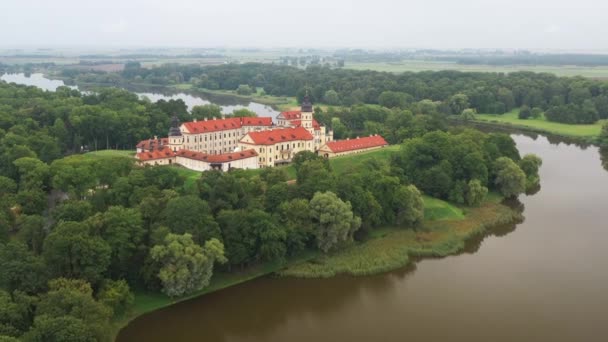 Vista superior del castillo de Nesvizh y el parque en un día de verano.Bielorrusia — Vídeos de Stock