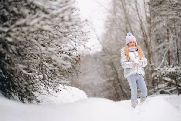 Uma Menina Uma Jaqueta Prata Inverno Sai Inverno — Fotografia de Stock