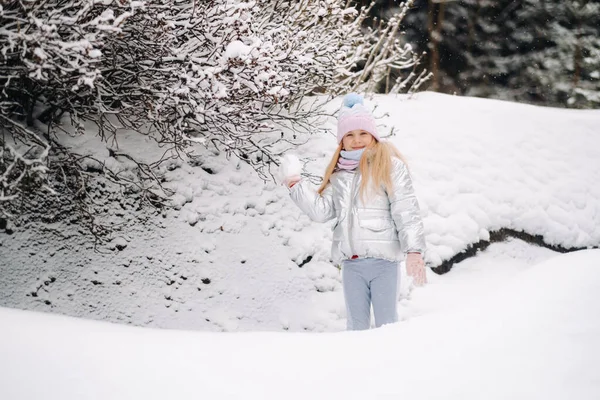 Une Petite Fille Dans Une Veste Argent Hiver Dehors Hiver — Photo