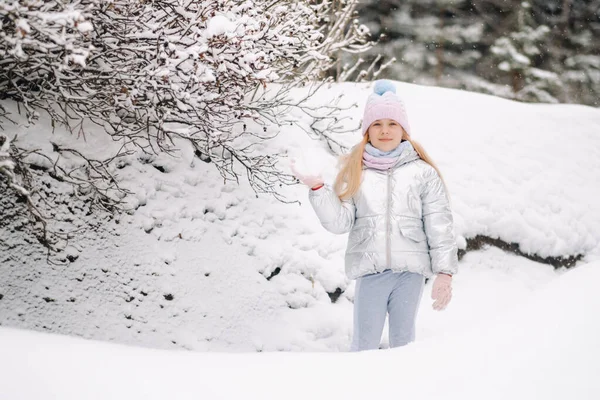 Uma Menina Uma Jaqueta Prata Inverno Sai Inverno — Fotografia de Stock