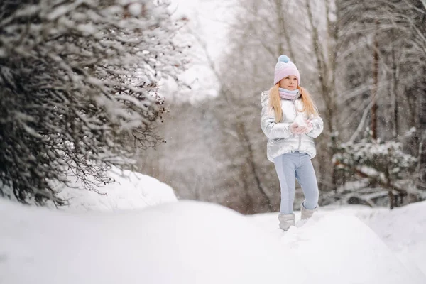 Uma Menina Uma Jaqueta Prata Inverno Sai Inverno — Fotografia de Stock