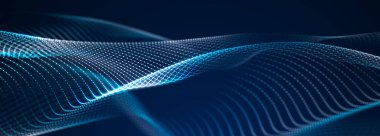 Bir sürü noktalı dijital dalga. Dinamik dalgaların soyut arkaplanı. Teknoloji ya da bilim afişi. 3d oluşturma