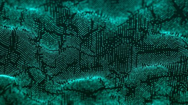 Bilim kurgu geçmişi. Birçok parçacığın olduğu dijital dalga. Festival sunumu için şablon. 3d
