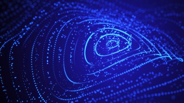 Bilim kurgu geçmişi. Birçok parçacığın olduğu dijital dalga. Büyük veri görselleştirmesi. Festival sunumu için şablon. 3d oluşturma