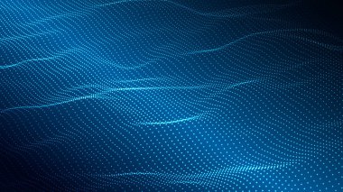 Karanlık zemin üzerinde parçacık dalgası. Teknoloji arka planı. Sunumlar için şablon. 3d Vektör illüstrasyonu