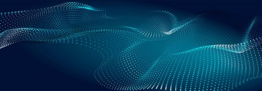 Karanlık zemin üzerinde parçacık dalgası. Teknoloji arka planı. Sunumlar için şablon. 3d Vektör illüstrasyonu