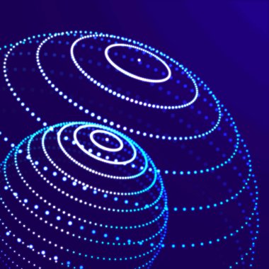 Soyut 3D küre. Fütürist noktalar arka planı. Renkli müzik yüzeyi. Sihirli çizim. 3d oluşturma.