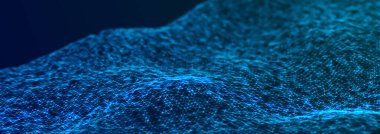 Bir sürü noktalı dijital dalga. Dinamik dalgaların soyut arkaplanı. Teknoloji ya da bilim afişi. 3d oluşturma