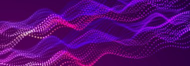 Bir sürü noktalı dijital dalga. Dinamik dalgaların soyut arkaplanı. Teknoloji ya da bilim afişi. 3d oluşturma