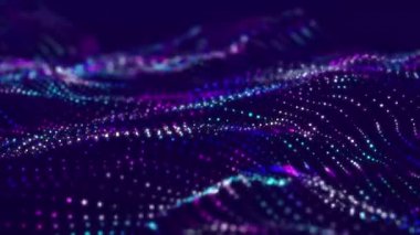 Bir sürü noktalı fütüristik dalga. Renkli noktaların soyut hareket arkaplanı. Teknoloji ya da bilim. 3D kusursuz döngü. 4K