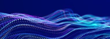 Karanlık bir arka planda güzel kıvrımlı dalga. Dijital teknoloji geçmişi. Ağ kavramı. 3B görüntüleme