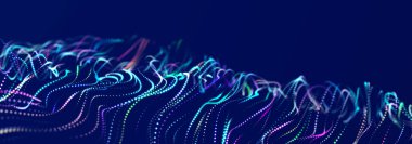 Karanlık bir arka planda güzel kıvrımlı dalga. Dijital teknoloji geçmişi. Ağ kavramı. 3B görüntüleme