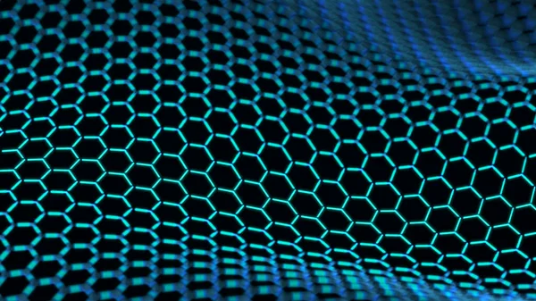 Teknoloji geçmişi. Bal peteği konsepti. Büyük veri. Birbirine bağlı noktalar ve çizgiler olan altıgen uzay. 3d oluşturma