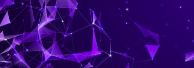 Bağlı nokta ve çizgilerle soyut üç boyutlu illüstrasyon. Koyu arkaplanda çokgen bir element var. Bilim ve teknoloji. 3D görüntüleme. geniş ekran